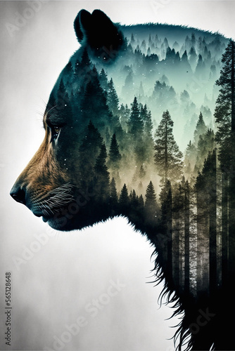 Fotografie Watercolor painting of a deep forest inside the silhouette of a bear