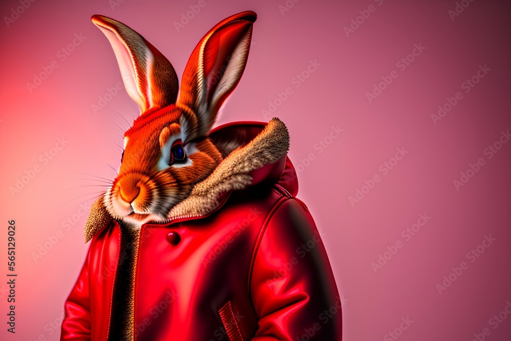 Portrait of a cute red rabbit in a jacket, highly detailed, striking features, studio lighting, fine art photography, warm lighting - generative ai 