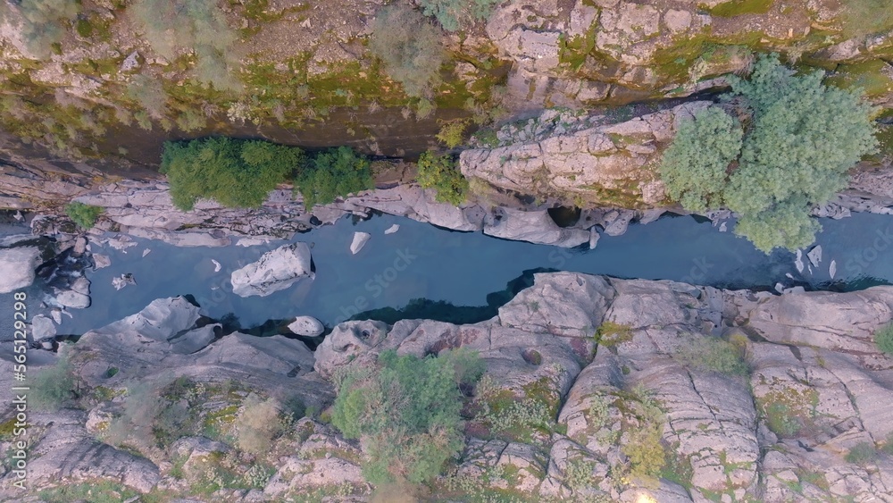 Top view of the mountain river. Rocky shores. Aerial drone view. Green trees and shrubs on the rocks