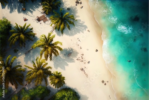 Aerial top view on sand beach, palm tree and ocean and azure waves © Aleksey