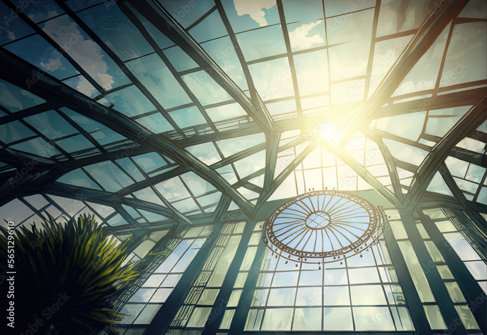 Naklejka premium Sun shining through metal and glass architecture.
