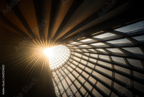 Sun shining through metal and glass architecture. 