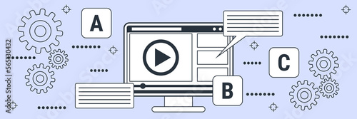 E-learning, video tutorial, online education, user guide flat contour style vector concept illustration