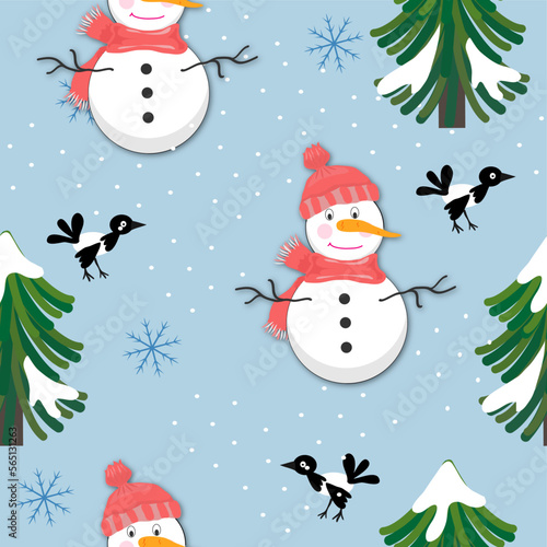 Christmas seamless pattern (background) with snowman , tannenbaum, elster and snowflakes. Vector graphics