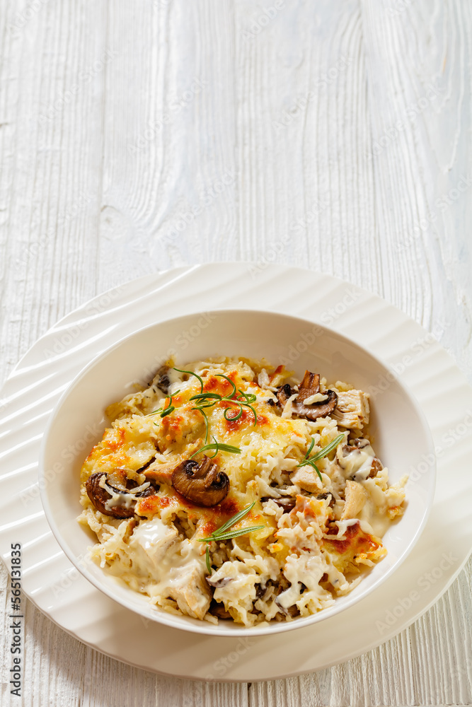 tasty Chicken Mushroom Rice Casserole, top view tasty Chicken Mushroom Rice Casserole, top view