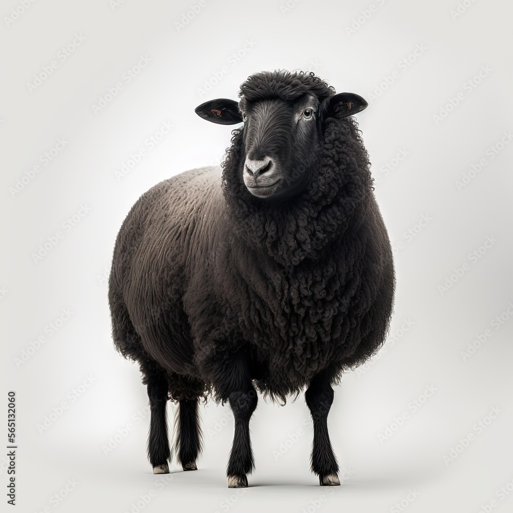  a black sheep standing in front of a white background with a black head and black legs and a black nose and black legs and nose.  generative ai