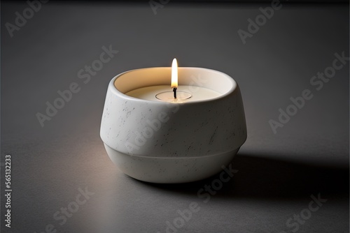  a white candle sitting in a white bowl on a table with a black background and a white candle holder with a yellow candle in it. generative ai