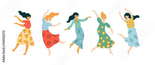 Vector isolated illustration of cute dancing women. Happyl Women s Day concept for card, poster, banner and other