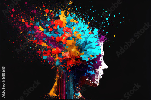 Colorful painted explosion in head. Concept of creative mind and imagination. Silhouette of human hand with colored fragments. Created with generative AI photo