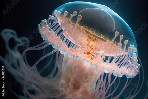  a jellyfish with a very large head and a very long neck is swimming in the water and looking up at the camera lens,.  generative ai photo