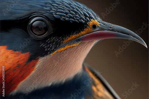 a colorful bird with a black background and a red, orange, and blue beak and head with a black background and a brown background. generative ai