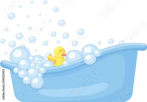 Full bathtub of foam with rubber duck. Cartoon bath icon