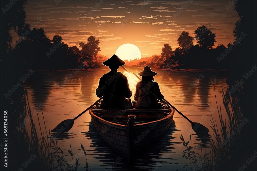  two people in a boat on a lake at sunset with the sun setting behind them and the silhouette of trees and bushes on the water.  generative ai