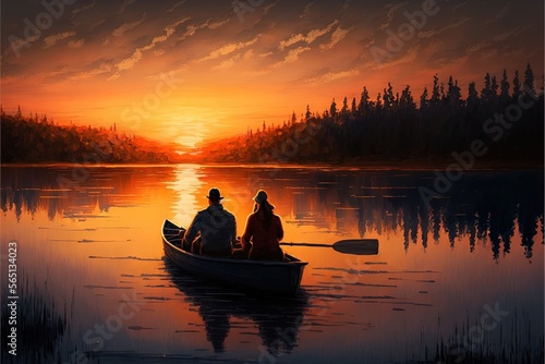 a painting of two people in a boat on a lake at sunset with the sun setting behind them and trees in the distance, with a red sky and clouds. generative ai