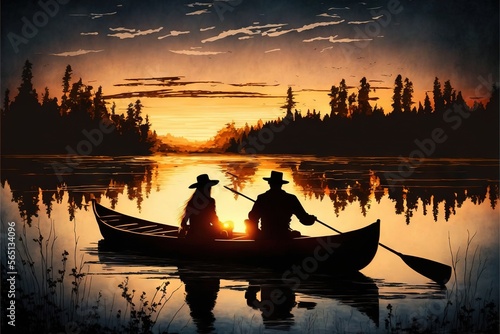  a painting of two people in a canoe at sunset on a lake with trees and a lake shore in the background, with a sunset in the distance. generative ai