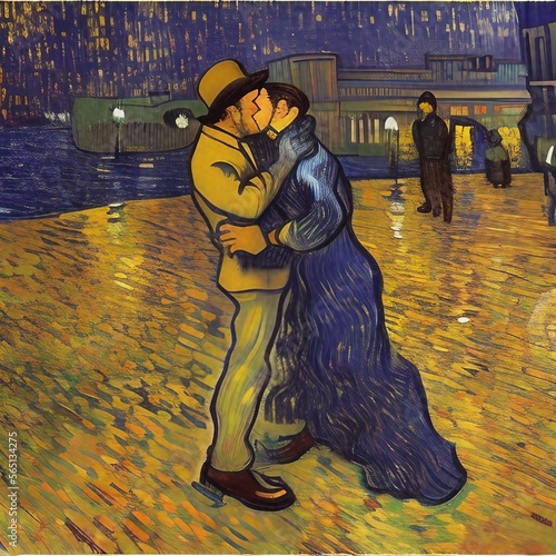 Couple qui s'embrasse sur les bords de Seine à Paris façon peinture de Van Gogh.