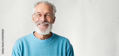Foto Mature, bearded man with a cheerful smile wearing a sweatshirt stands alone on a