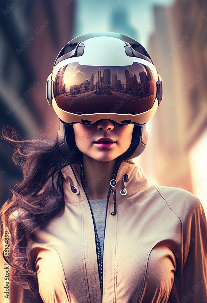 Beautiful woman wearing futuristic VR helmet. Photorealistic illustration. Generative art Beautiful woman wearing futuristic VR helmet. Photorealistic illustration. Generative art