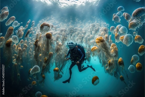  a scuba diver surrounded by jellyfish in the ocean water  looking at the camera lens and diving for food in the water  with a lot of jellyfish.  generative ai