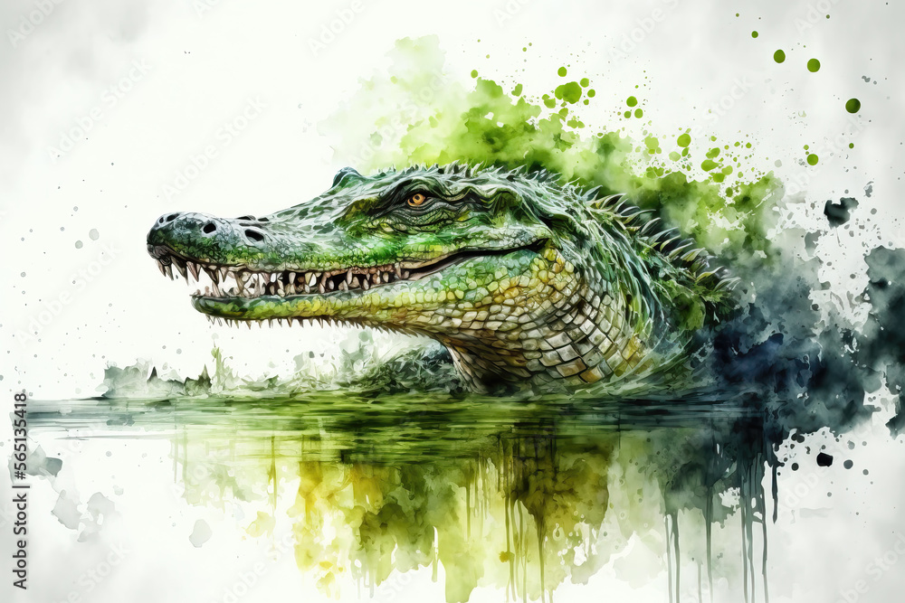 Fototapeta premium portrait of a crocodile in aquarelle style, ai generated