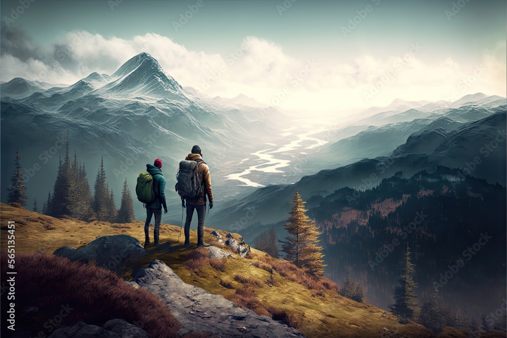 Illustration of explorers travelling around the world - different landscapes - Created with generative AI technology
Illustration of explorers travelling around the world - different landscapes - Created with generative AI technology