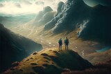 Illustration of explorers travelling around the world - different landscapes - Created with generative AI technology
