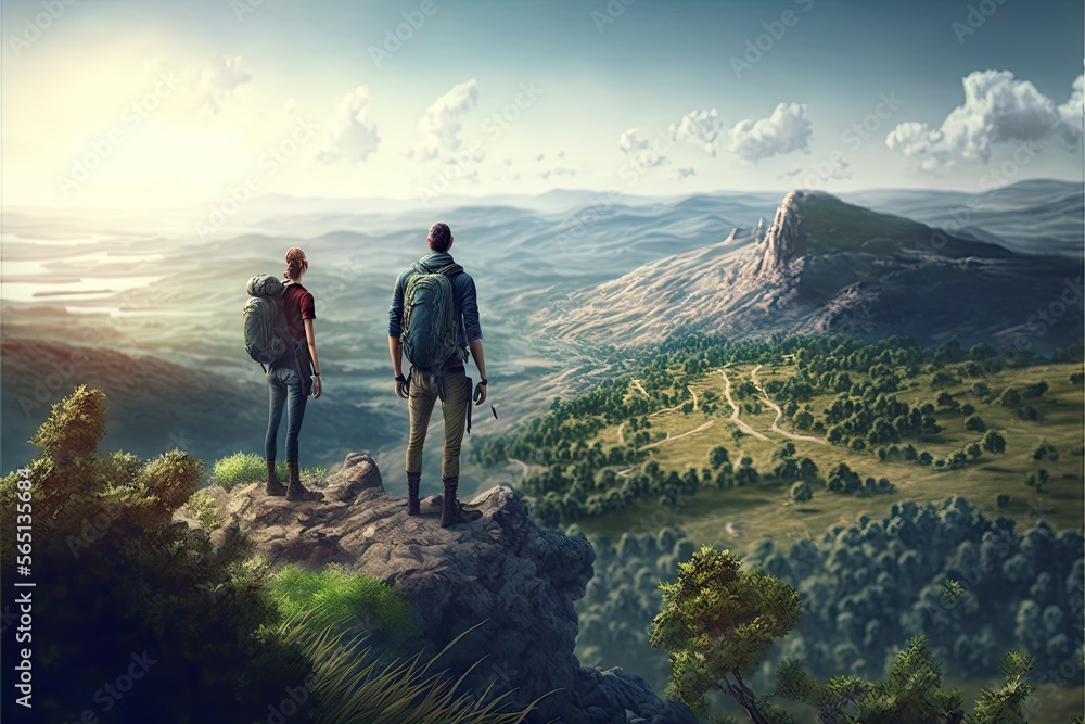 Obraz premium Illustration of explorers travelling around the world - different landscapes - Created with generative AI technology 