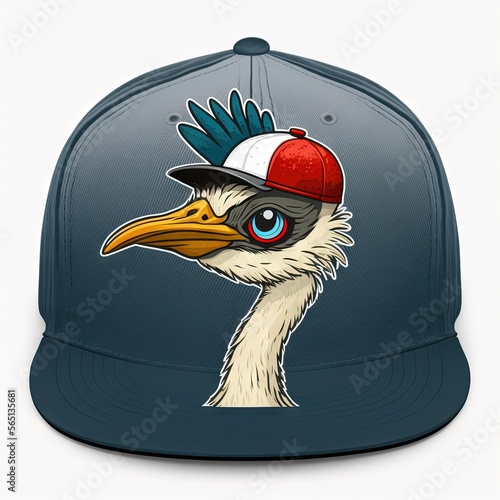  a baseball cap with a bird wearing a hat on it's peak and a blue background with a white stripe around the peak and a red, white, blue, black, and white, and gray, and red, and.  generative ai photo