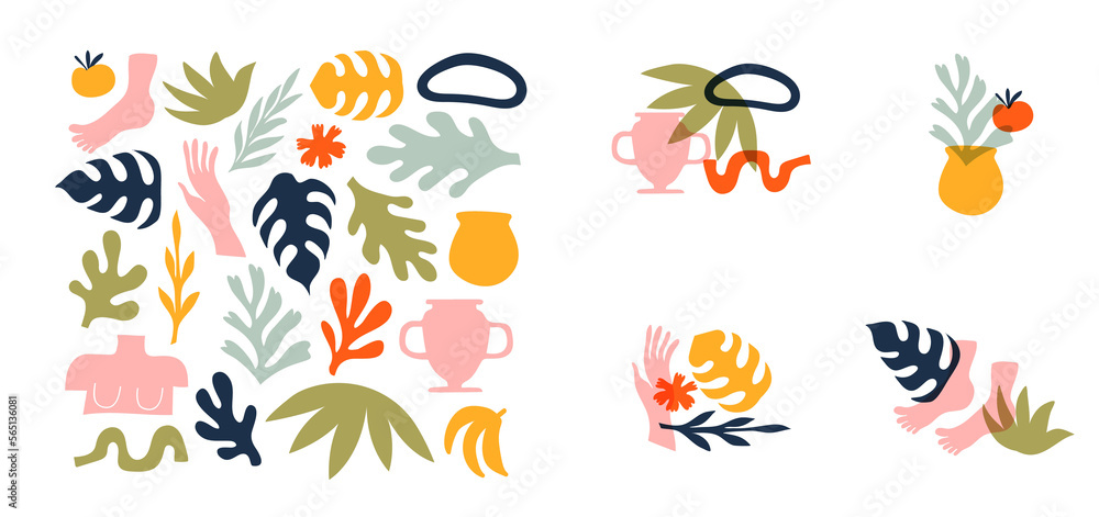 Big set of abstract organic nature shapes and exotic tropical decoration in trendy matisse inspired art style. Modern summer doodle icons on isolated white background with premade designs.	
