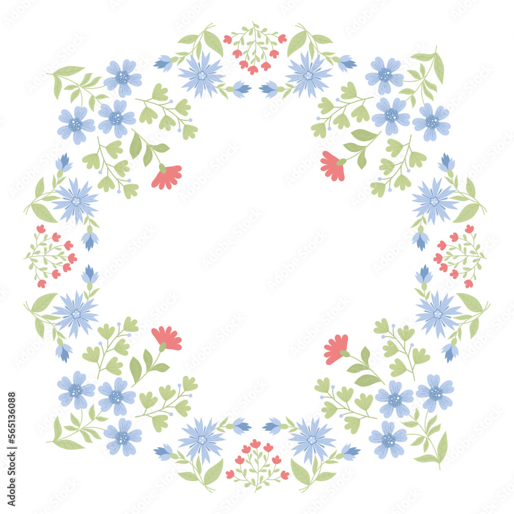 Square floral frame of flowers and leaves. Vector illustration for decor, design, print and napkins, cards and postcard
