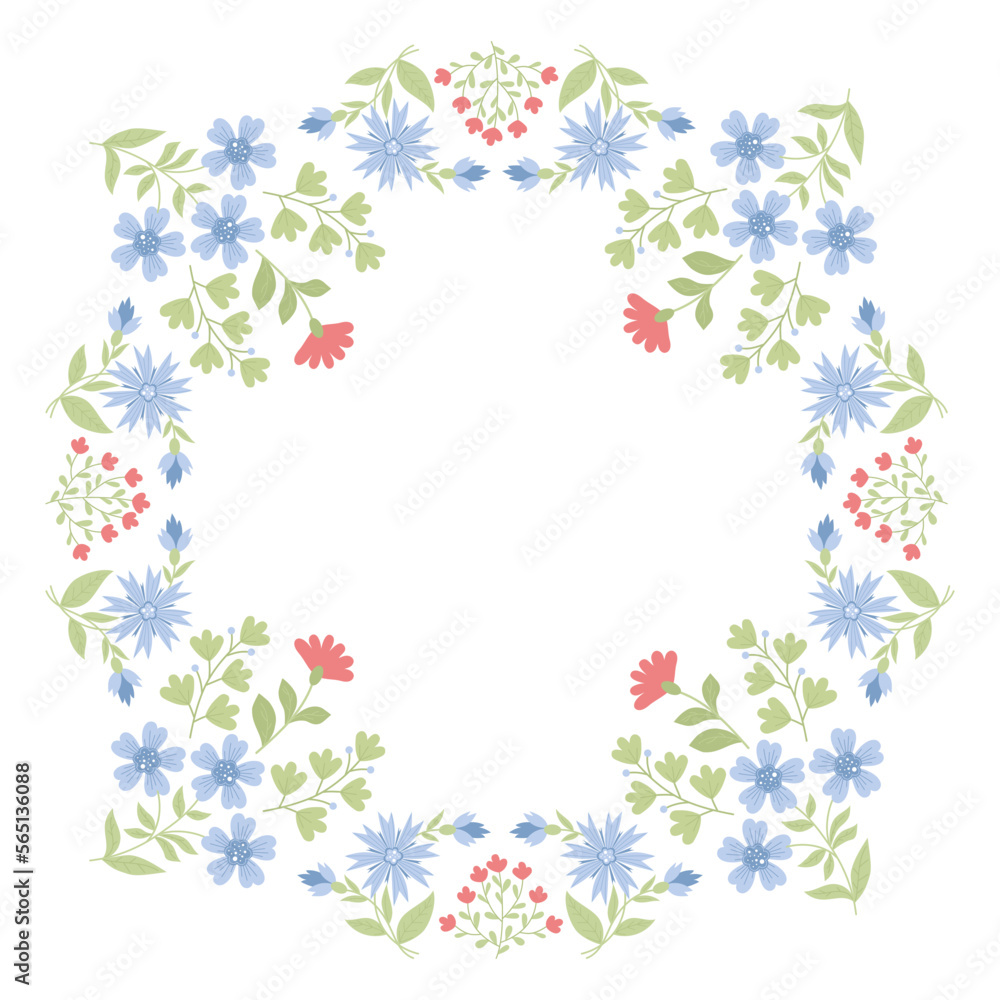 Square floral frame of flowers and leaves. Vector illustration for decor, design, print and napkins, cards and postcard Square floral frame of flowers and leaves. Vector illustration for decor, design, print and napkins, cards and postcard
