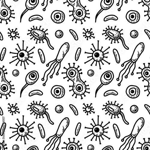 Microbiology seamless pattern. Scientific vector illustration in sketch style