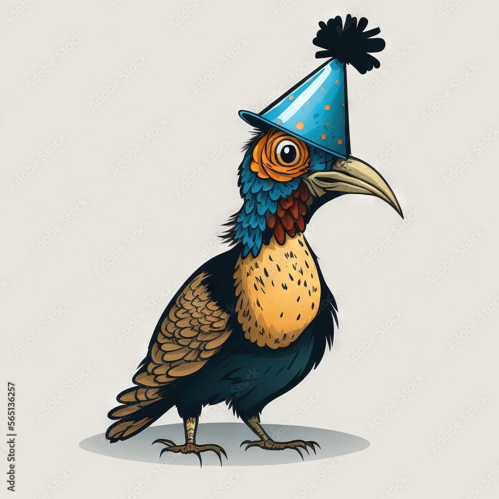 Obraz premium a bird with a party hat on its head is standing on one foot and looking to the side with a surprised look on its face, on a white background, with a gray background. generative ai