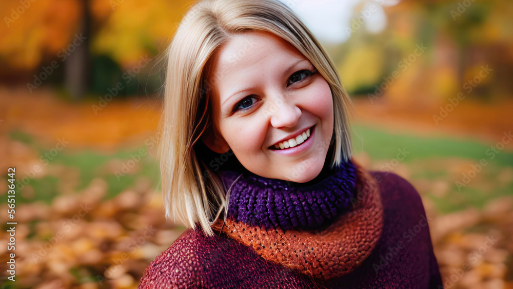 A young woman dressed in a cozy knitted sweater in warm autumn colors A young woman dressed in a cozy knitted sweater in warm autumn colors