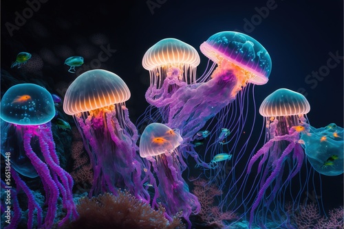  a group of jellyfish swimming in a tank at night time, with a black background and a blue sky above them, all of which are glowing in different colors. generative ai