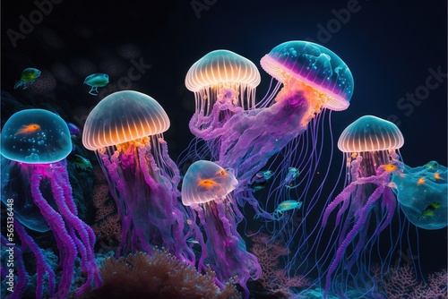  a group of jellyfish swimming in a tank at night time, with a black background and a blue sky above them, all of which are glowing in different colors.  generative ai
