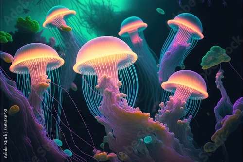  a group of jellyfish floating in a pond of water at night time with colorful lights on them and a dark background with a green glow.  generative ai © Anna