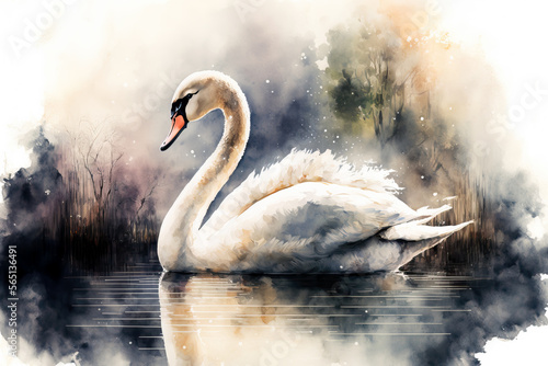 Photography portrait of a swan in aquarelle style, ai generated