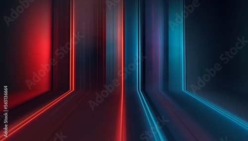 Futuristic neon empty podium stage  light reflection in water  blue and red neon  bright rays and lines  abstract background. 3D illustration