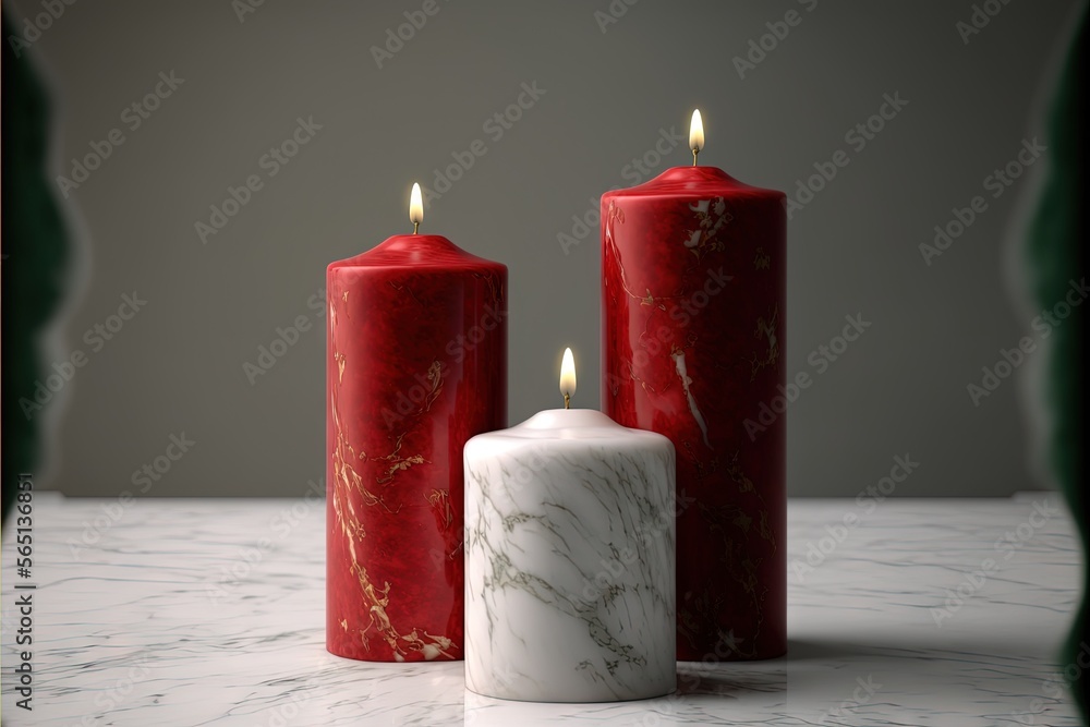 three red candles with marbled ones on a table top with a mirror behind them and a gray background behind them with a white border. generative ai three red candles with marbled ones on a table top with a mirror behind them and a gray background behind them with a white border. generative ai