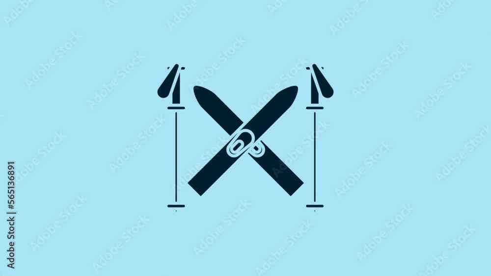 Blue Ski and sticks icon isolated on blue background. Extreme sport. Skiing equipment. Winter sports icon. 4K Video motion graphic animation Blue Ski and sticks icon isolated on blue background. Extreme sport. Skiing equipment. Winter sports icon. 4K Video motion graphic animation