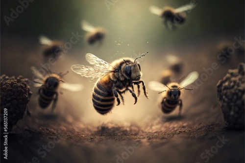  a group of bees flying around a cluster of bees on a dirt ground with a light shining on them and a dark background with a few other bees. generative ai