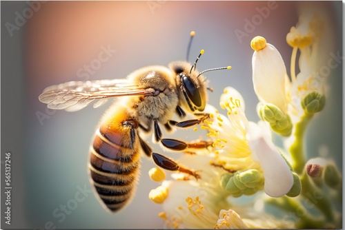  a bee is flying over a flower with its wings open and eyes closed, with a blurry background of the flower and the bee.  generative ai