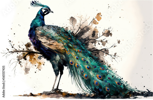 portrait of a peacock in aquarelle style, ai generated