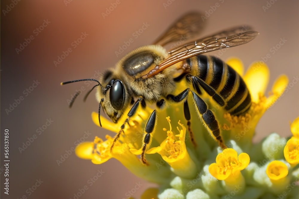 a bee is sitting on a yellow flower with its wings spread out and eyes closed, with a blurry background of yellow flowers and a bee. generative ai a bee is sitting on a yellow flower with its wings spread out and eyes closed, with a blurry background of yellow flowers and a bee. generative ai