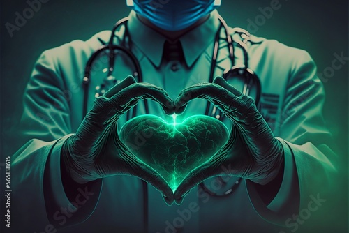 The blue-green uniform of the male doctor features a heart-shaped hands symbol, representing medical love, care, and safety. This symbol serves as a reminder of the commitment to health protection and