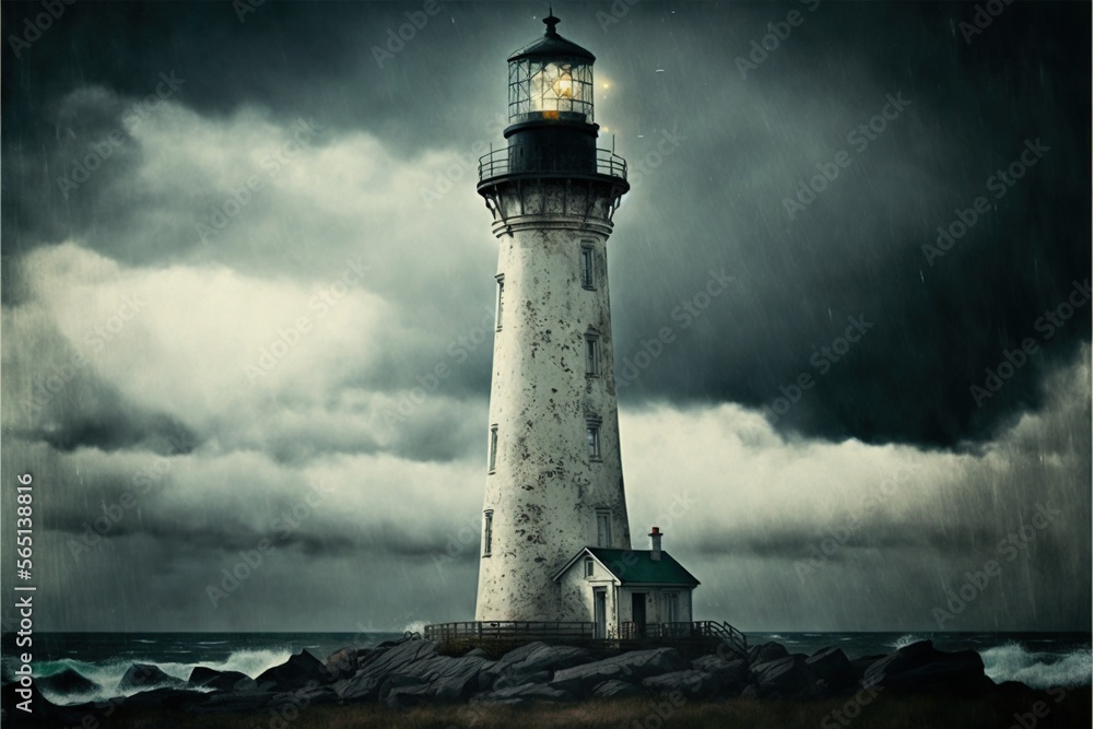  a lighthouse on a rocky shore under a cloudy sky with a light house on top of it and a green roof on top of it.  generative ai