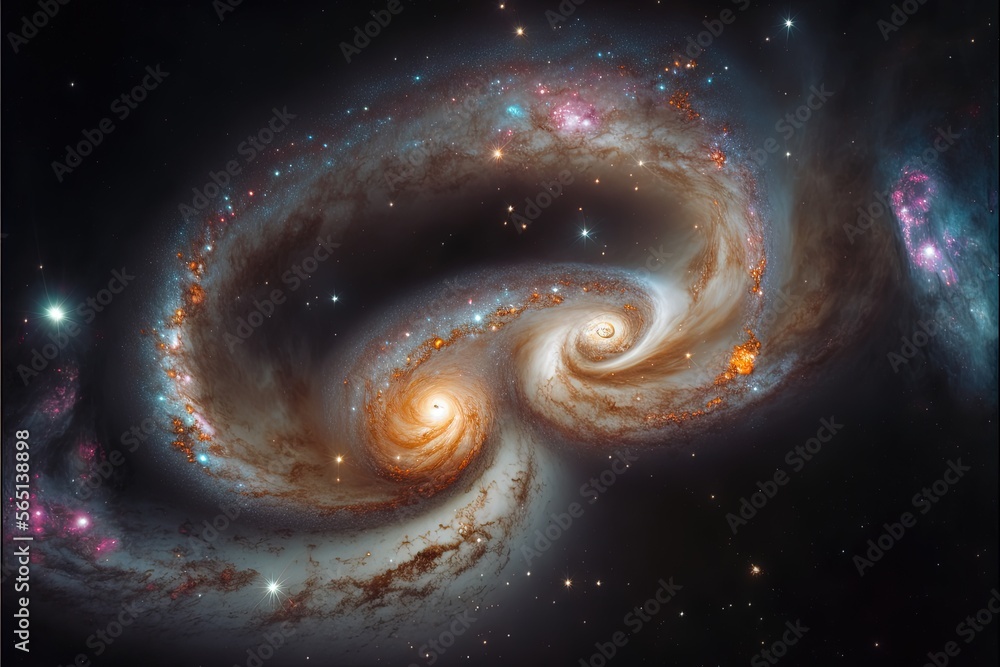 two spirally shaped objects in the sky with stars around them, with a black background and a blue sky with stars and a few pink and white stars. generative ai two spirally shaped objects in the sky with stars around them, with a black background and a blue sky with stars and a few pink and white stars. generative ai