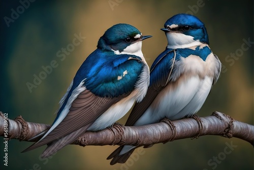  two birds sitting on a branch with a green background and a brown background behind them, one blue and one white, one brown and one white.  generative ai