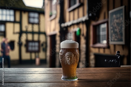  a glass of beer sitting on top of a wooden table next to a building with a man in a hat on it's head. generative ai